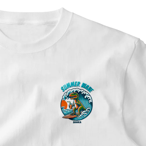 シャカサインしながらサーフィンする恐竜ハワイ One Point T-Shirt