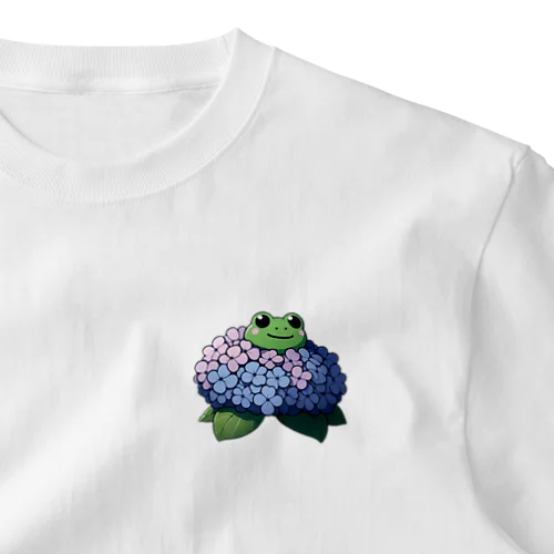 紫陽花の花と可愛いアマガエル🐸 ワンポイントTシャツ