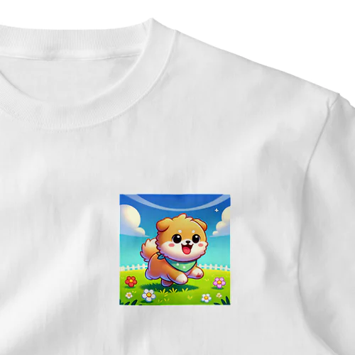 花咲く庭で楽しそうに走る柴犬ちゃん One Point T-Shirt