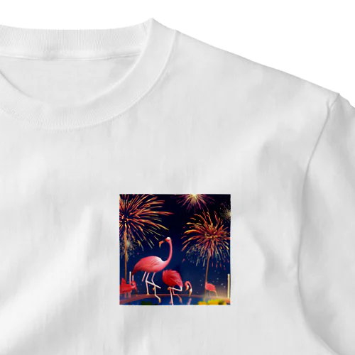 フラミンゴと打ち上げ花火 ワンポイントTシャツ