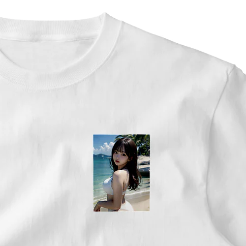 AI美女　白い砂浜　白いビキニ ワンポイントTシャツ