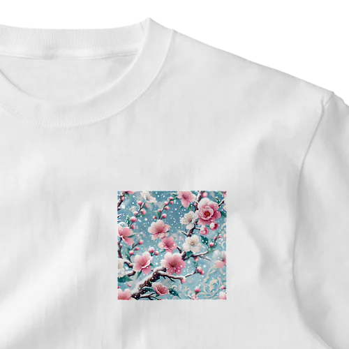 和風柄　桜雪化粧 ワンポイントTシャツ