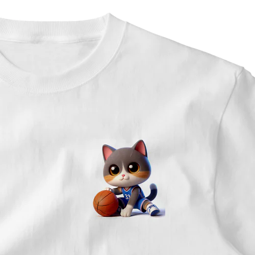 3Dアニメーション風のかわいい猫がバスケを頑張ってるアイテム ワンポイントTシャツ