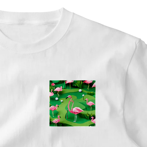 ゴルフをするフラミンゴの折り紙 One Point T-Shirt