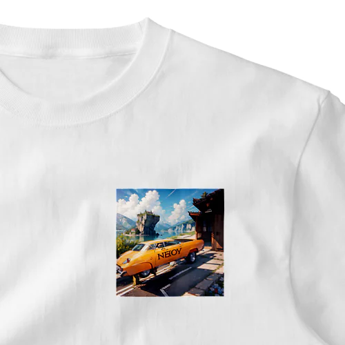 00036-A vintage yellow car with the word NEBOY written on it. The car is parked in front of a wooden building and near a cl One Point T-Shirt