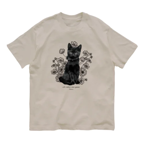 花咲き黒猫 オーガニックコットンTシャツ