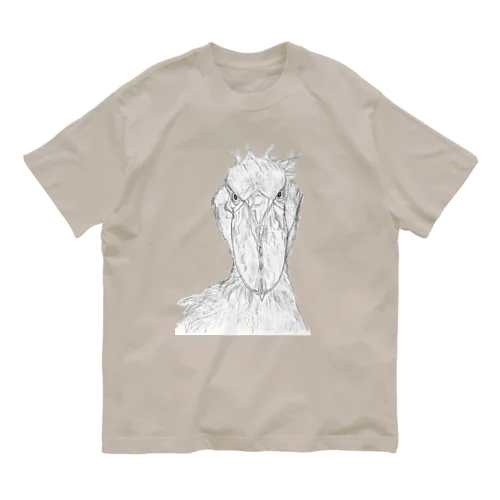 [森図鑑] ハシビロコウの顔 鉛筆画 オーガニックコットンTシャツ