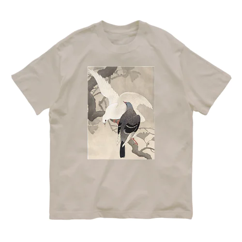 日本画：浮世絵：雨中の公孫樹に鳩 オーガニックコットンTシャツ