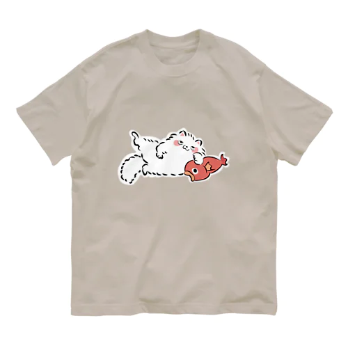 しろねこ（with 魚） オーガニックコットンTシャツ