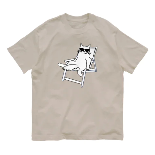 デッキチェアに座る猫 A オーガニックコットンTシャツ