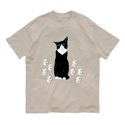 おりこうさん座りのハチワレ　カモメ添え オーガニックコットンTシャツ