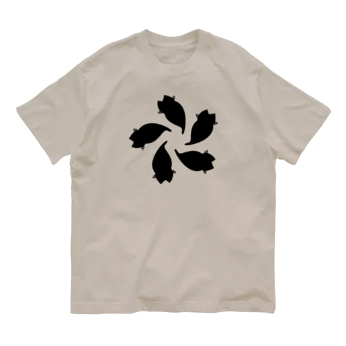 動物家紋。H.T.（変わり散り桜５ネコ）黒 オーガニックコットンTシャツ