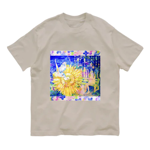 向日葵と翡翠・紫陽花の花びら（正方形） オーガニックコットンTシャツ