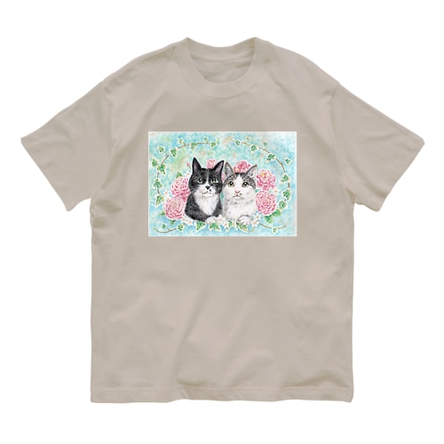 クロとモネ　薔薇をあしらったパステルイラスト Organic Cotton T-Shirt