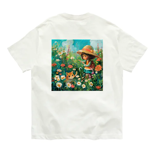 お花畑に囲まれる猫ちゃんと私 アメジスト 2846 オーガニックコットンTシャツ