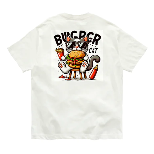 ハンバーガーを食べる猫_White Organic Cotton T-Shirt