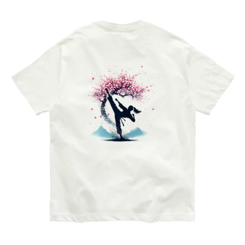 ハイキック背景桜Tシャツ オーガニックコットンTシャツ
