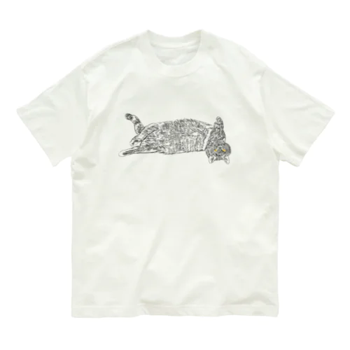 逆さで横たわる猫ちゃん 線画 オーガニックコットンTシャツ