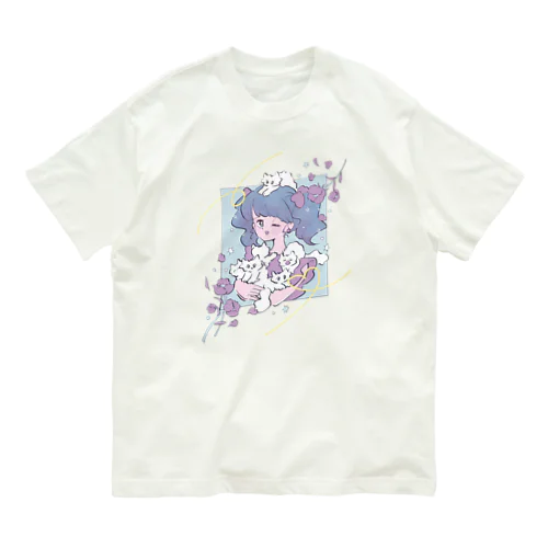 ねこまみれ　ブルー オーガニックコットンTシャツ