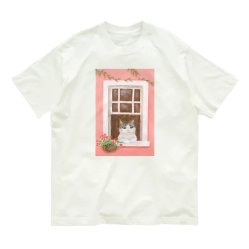 窓辺の猫　①　背景あり オーガニックコットンTシャツ