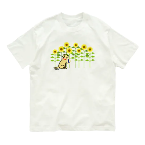 ひまわり畑のイエローラブラドール オーガニックコットンTシャツ