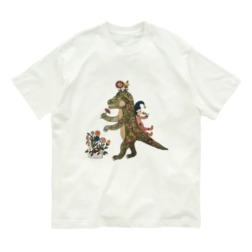 お花が大好きな恐竜さんとお花の妖精 Organic Cotton T-Shirt