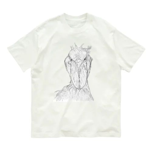 [森図鑑] ハシビロコウの顔 鉛筆画 オーガニックコットンTシャツ