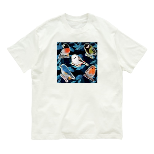 落ち葉のコラージュとかわいい野鳥たち Organic Cotton T-Shirt