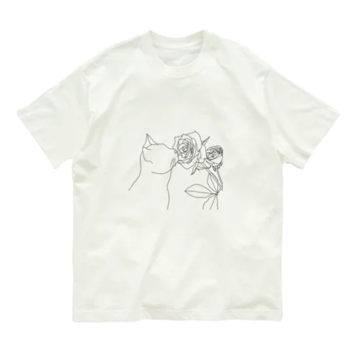 植物シリーズ　猫とバラ オーガニックコットンTシャツ