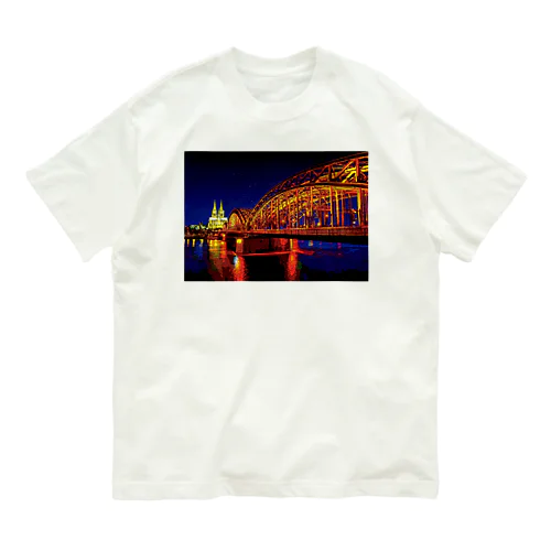 ドイツ 夜のホーエンツォレルン橋とケルン大聖堂 オーガニックコットンTシャツ