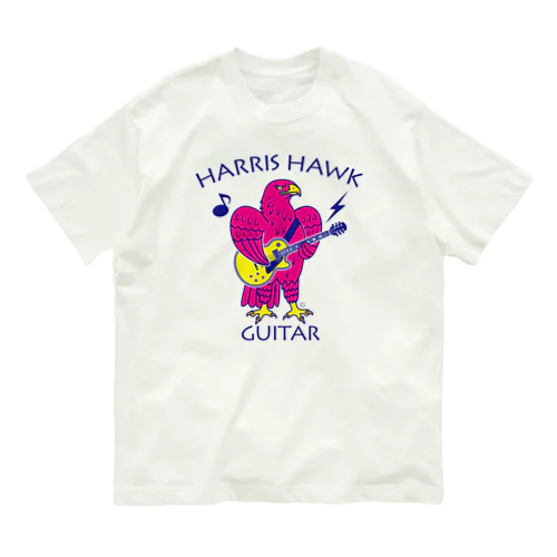 ハリスホーク・ギター・鷲・鷹・ピンク・音楽・モモアカノスリ・なつく・ペット・狩り・Harris Hawk・イラスト・Guitar・絵・鳩よけ・鳥・猛禽・タカ目タカ科・オリジナル作品(C) オーガニックコットンTシャツ