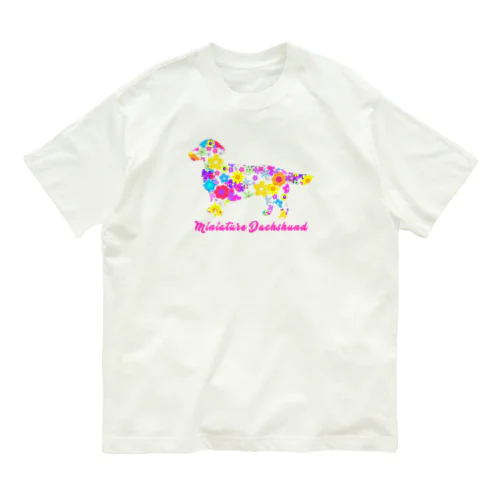 ミニチュアダックス　フラワーパーティ オーガニックコットンTシャツ