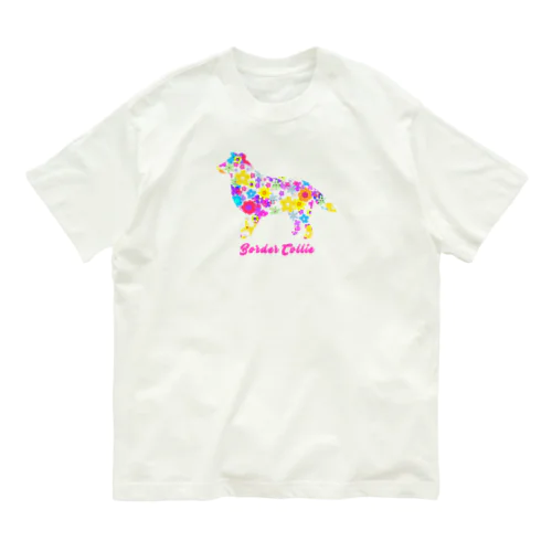 ボーダーコリー　フラワーパーティ オーガニックコットンTシャツ