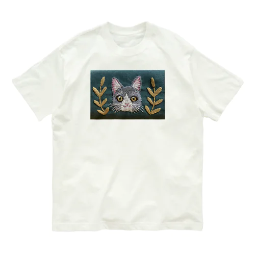 手刺繍ハチワレねこ オーガニックコットンTシャツ