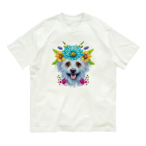 花柄のポメラニアン犬と子犬。 女の子と男の子への美しい贈り物。 オーガニックコットンTシャツ