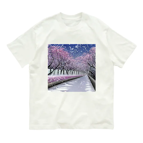 夜の桜並木に雪 オーガニックコットンTシャツ