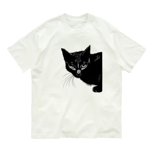 カッコよく覗きに来た黒猫 オーガニックコットンTシャツ