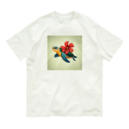 ウミガメとハイビスカス Organic Cotton T-Shirt