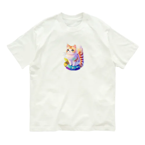 上目遣いで見上げるrainbow cute cat オーガニックコットンTシャツ