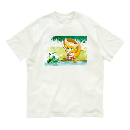釣り吉お稲荷ちゃんと河童の河姫ちゃん Organic Cotton T-Shirt