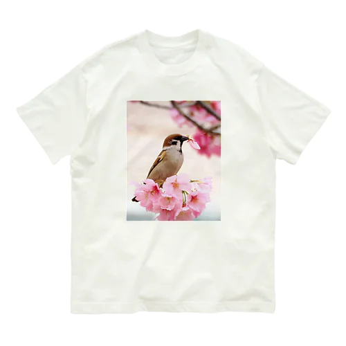 桜スズメ オーガニックコットンTシャツ