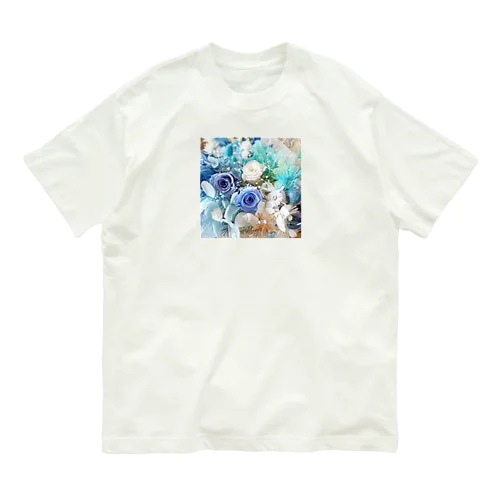 マリンブルーのおしゃれな花柄 Organic Cotton T-Shirt