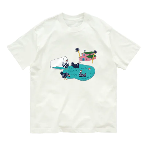 ニワトリ　プール　水 オーガニックコットンTシャツ