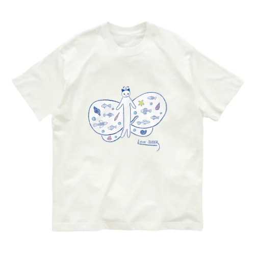 ちょうちょ　ねこ　ブルー Organic Cotton T-Shirt