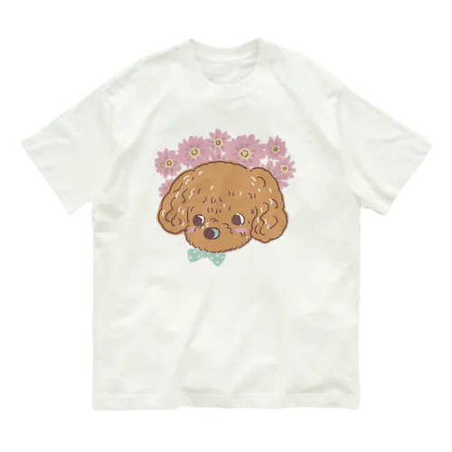 トイプーとピンクのガーベラ オーガニックコットンTシャツ