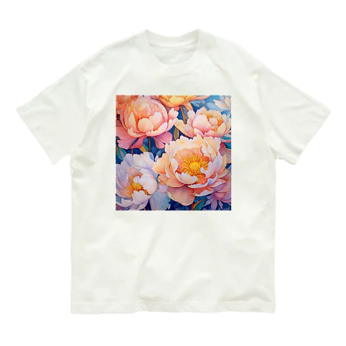 ピンク色がかわいい芍薬のお花のイラスト オーガニックコットンTシャツ