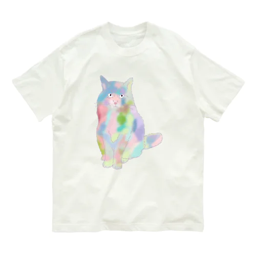 ユニコーンカラーの猫 オーガニックコットンTシャツ