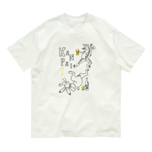 名画 × BEER（鳥獣戯画）ロゴ賑やかver.黒線画 Organic Cotton T-Shirt