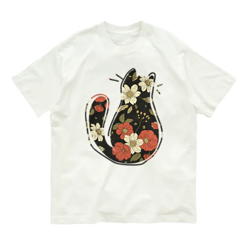 花柄猫のシルエット オーガニックコットンTシャツ
