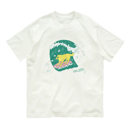 サーフィン　犬　グリーン オーガニックコットンTシャツ